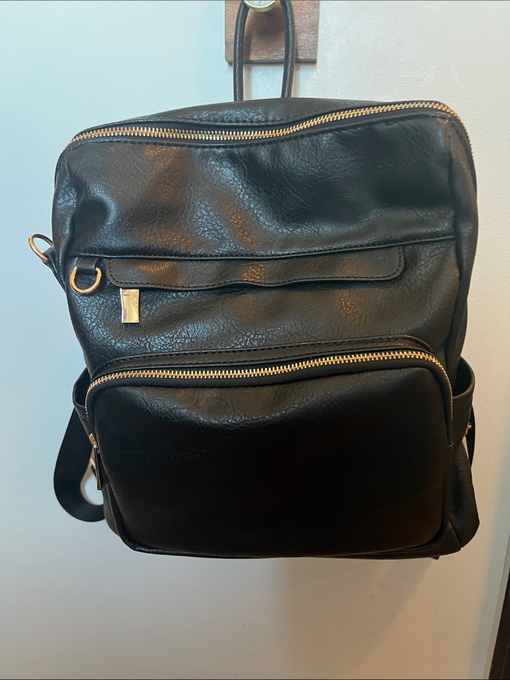 Black Faux Leather Women's Backpack with Gold Hardware